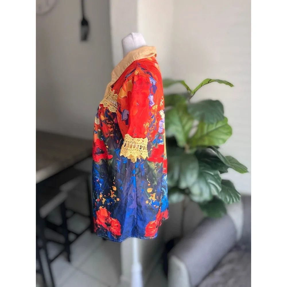 Unbranded Floral Crochet Button Down Shirt Size L